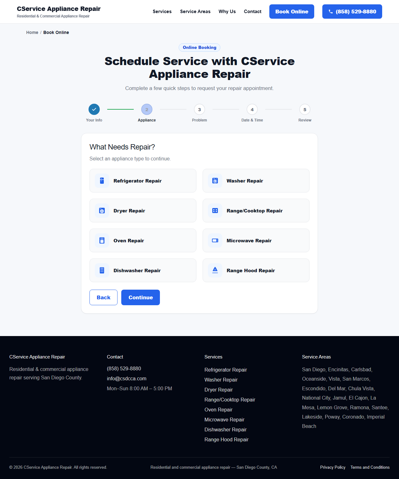 Book Online — choosing an appliance